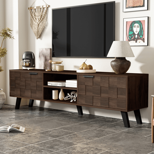 Móvel de TV 160,5x35,5 cm - 2 portas e 2 prateleiras abertas - Madeira escura