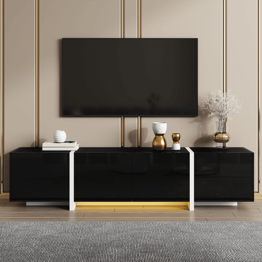 Móvel de TV baixo - com portas, gavetas e luz LED - preto e branco