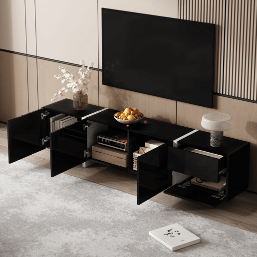 Móvel de TV baixo - com portas, gavetas e luz LED - preto e branco