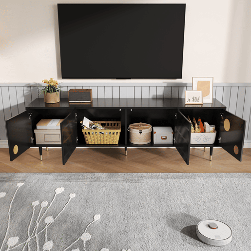 Móvel de TV com portas de madeira - Estrutura em grade, puxadores ocultos, decoração dourada - Preto