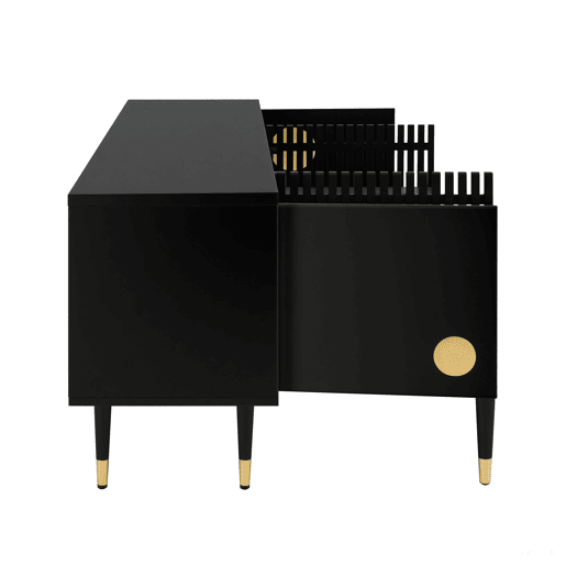 Móvel de TV com portas de madeira - Estrutura em grade, puxadores ocultos, decoração dourada - Preto