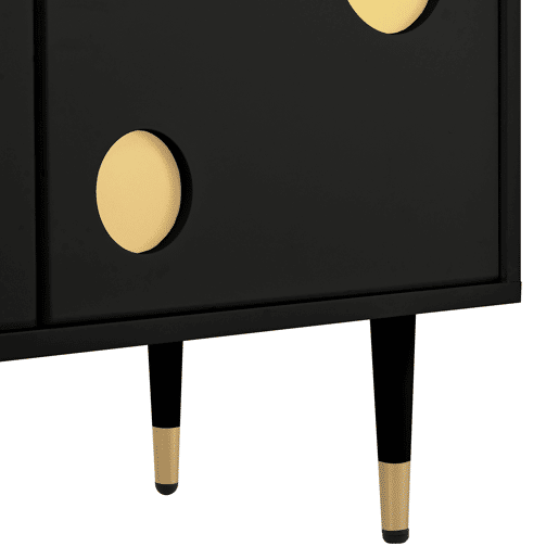Móvel de TV com portas de madeira - Estrutura em grade, puxadores ocultos, decoração dourada - Preto