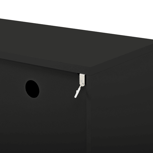 Móvel de TV com portas de madeira - Estrutura em grade, puxadores ocultos, decoração dourada - Preto