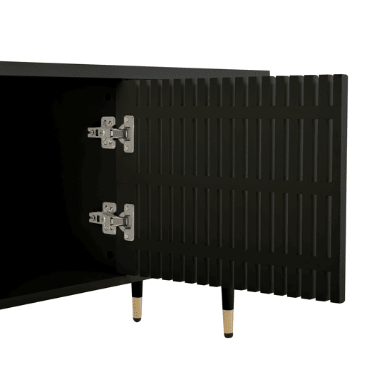 Móvel de TV com portas de madeira - Estrutura em grade, puxadores ocultos, decoração dourada - Preto