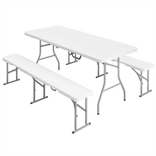 Outsunny Conjunto de Campismo Dobrável de 3 Peças Mesa de Piquenique com Bancos 180x74x74 cm Portátil Impermeável para Jardim Piquenique Branco