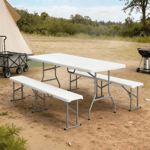 Outsunny Conjunto de Campismo Dobrável de 3 Peças Mesa de Piquenique com Bancos 180x74x74 cm Portátil Impermeável para Jardim Piquenique Branco