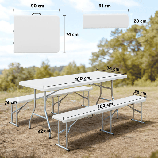 Outsunny Conjunto de Campismo Dobrável de 3 Peças Mesa de Piquenique com Bancos 180x74x74 cm Portátil Impermeável para Jardim Piquenique Branco