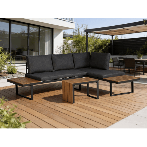 Conjunto de mobiliário de jardim Sylva sofá de canto modular, acabamento em imitação de madeira - 4 lugares - Cinzento