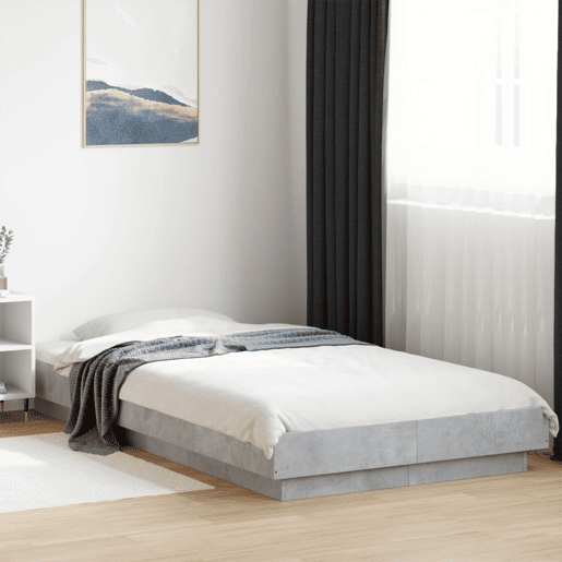 Estrutura de cama de solteiro para adultos c luzes LED derivados madeira cinza cimento