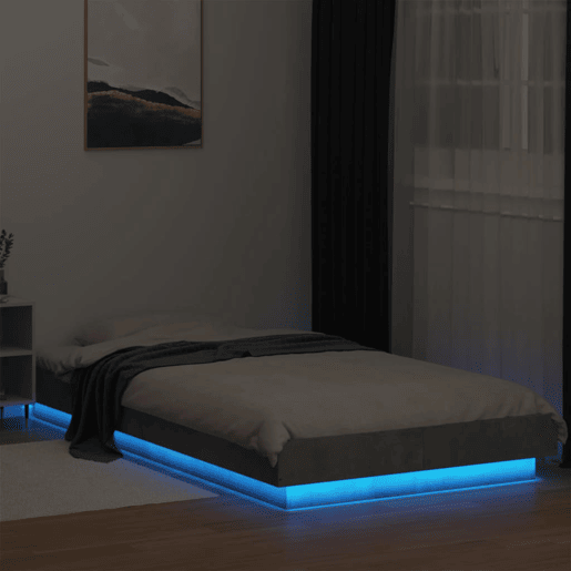 Estrutura de cama de solteiro para adultos c luzes LED derivados madeira cinza cimento