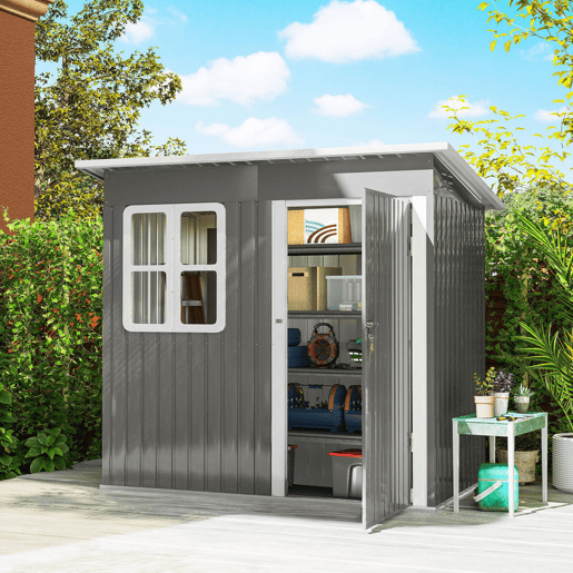 Outsunny Abrigo de Jardim Exterior 2,55 m² 221x133x190 cm Abrigo de Exterior Metálico com Janela Porta com Fechadura e Ventilações para Armazenamento de Ferramentas Cinzento Escuro