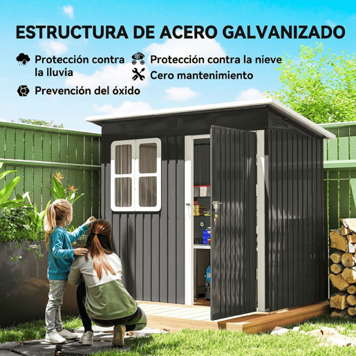 Outsunny Abrigo de Jardim Exterior 2,55 m² 221x133x190 cm Abrigo de Exterior Metálico com Janela Porta com Fechadura e Ventilações para Armazenamento de Ferramentas Cinzento Escuro