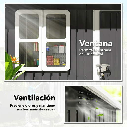 Outsunny Abrigo de Jardim Exterior 2,55 m² 221x133x190 cm Abrigo de Exterior Metálico com Janela Porta com Fechadura e Ventilações para Armazenamento de Ferramentas Cinzento Escuro