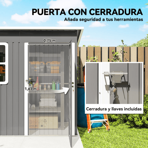 Outsunny Abrigo de Jardim Exterior 2,55 m² 221x133x190 cm Abrigo de Exterior Metálico com Janela Porta com Fechadura e Ventilações para Armazenamento de Ferramentas Cinzento Escuro