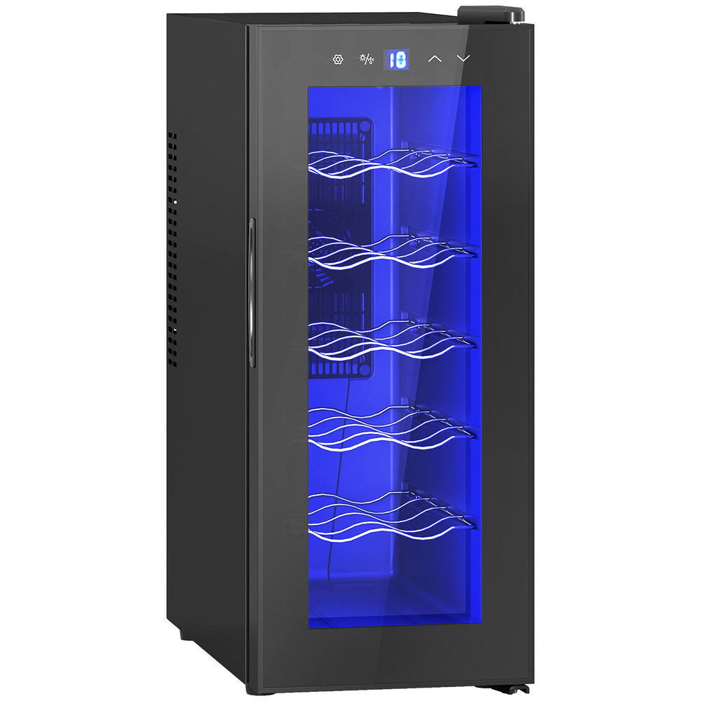 Homcom vinoteca 12 botellas, nevera para vinos con doble refrigeración termoeléctrica, temperatura ajustable 8-18℃, silencioso 37db, puerta de vidrio, anti-uv, pantalla led, luz interior, negro
