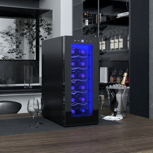 HOMCOM Cave de Vinhos 12 Garrafas Cave para Vinhos com Dupla Refrigeração Termoelétrica Temperatura Ajustável 8-18? Porta de Vidro Anti-UV Ecrã LED Luz Interior Preto