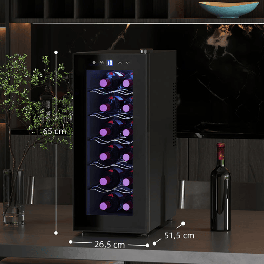 HOMCOM Cave de Vinhos 12 Garrafas Cave para Vinhos com Dupla Refrigeração Termoelétrica Temperatura Ajustável 8-18? Porta de Vidro Anti-UV Ecrã LED Luz Interior Preto