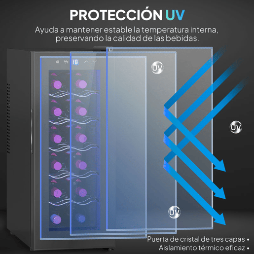 HOMCOM Cave de Vinhos 12 Garrafas Cave para Vinhos com Dupla Refrigeração Termoelétrica Temperatura Ajustável 8-18? Porta de Vidro Anti-UV Ecrã LED Luz Interior Preto