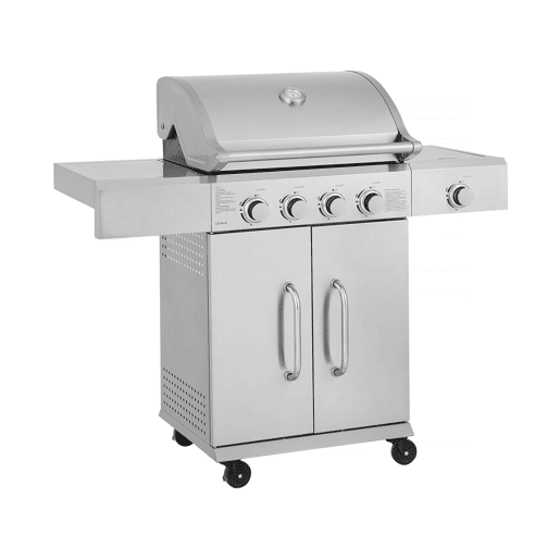 Churrasqueira a gás em aço inoxidável com 5 queimadores, incluindo 1 queimador lateral Brazzo - 118 x 57 x 104 cm - Cinzento claro