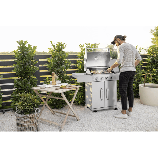 Churrasqueira a gás em aço inoxidável com 5 queimadores, incluindo 1 queimador lateral Brazzo - 118 x 57 x 104 cm - Cinzento claro