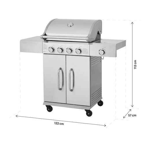 Churrasqueira a gás em aço inoxidável com 5 queimadores, incluindo 1 queimador lateral Brazzo - 118 x 57 x 104 cm - Cinzento claro