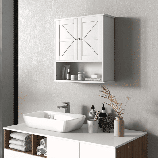 kleankin Armário de Parede para Casa de Banho Rústico com Compartimento Prateleira Ajustável 2 Portas para Cozinha Lavandaria sobre a Sanita 58x20x61,4 cm Branco