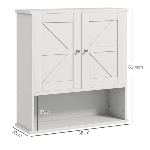kleankin Armário de Parede para Casa de Banho Rústico com Compartimento Prateleira Ajustável 2 Portas para Cozinha Lavandaria sobre a Sanita 58x20x61,4 cm Branco