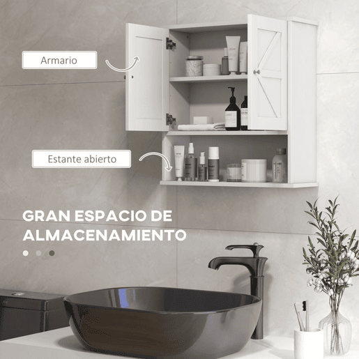 kleankin Armário de Parede para Casa de Banho Rústico com Compartimento Prateleira Ajustável 2 Portas para Cozinha Lavandaria sobre a Sanita 58x20x61,4 cm Branco