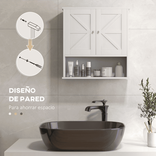 kleankin Armário de Parede para Casa de Banho Rústico com Compartimento Prateleira Ajustável 2 Portas para Cozinha Lavandaria sobre a Sanita 58x20x61,4 cm Branco