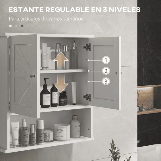 kleankin Armário de Parede para Casa de Banho Rústico com Compartimento Prateleira Ajustável 2 Portas para Cozinha Lavandaria sobre a Sanita 58x20x61,4 cm Branco