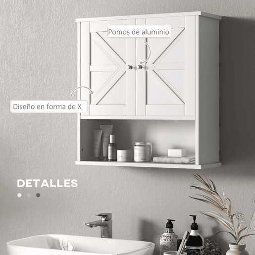 kleankin Armário de Parede para Casa de Banho Rústico com Compartimento Prateleira Ajustável 2 Portas para Cozinha Lavandaria sobre a Sanita 58x20x61,4 cm Branco