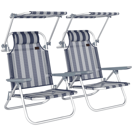 Outsunny Pack de 2 Cadeiras de Praia Dobráveis com Toldo Ajustável, Encosto Reclinável em 6 Posições e Apoio de Cabeça, Cadeiras Baixas Portáteis com Braços, Suporta 120kg, Azul e Branco