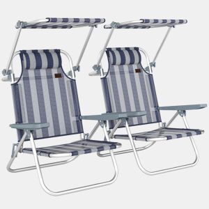 Outsunny Pack de 2 Cadeiras de Praia Dobráveis com Toldo Ajustável, Encosto Reclinável em 6 Posições e Apoio de Cabeça, Cadeiras Baixas Portáteis com Braços, Suporta 120kg, Azul e Branco