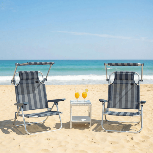 Outsunny Pack de 2 Cadeiras de Praia Dobráveis com Toldo Ajustável, Encosto Reclinável em 6 Posições e Apoio de Cabeça, Cadeiras Baixas Portáteis com Braços, Suporta 120kg, Azul e Branco