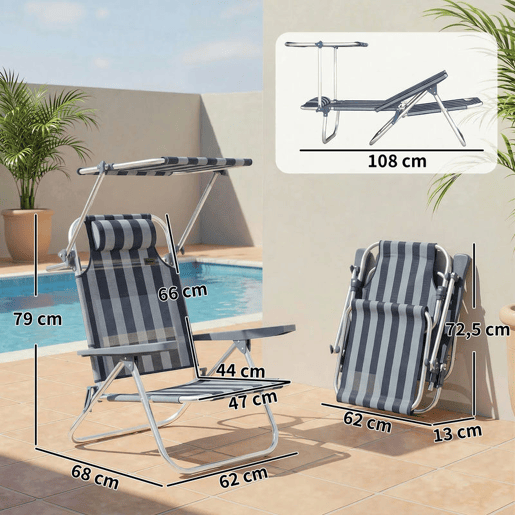 Outsunny Pack de 2 Cadeiras de Praia Dobráveis com Toldo Ajustável, Encosto Reclinável em 6 Posições e Apoio de Cabeça, Cadeiras Baixas Portáteis com Braços, Suporta 120kg, Azul e Branco