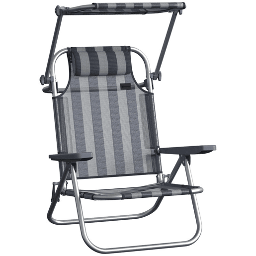 Outsunny Pack de 2 Cadeiras de Praia Dobráveis com Toldo Ajustável, Encosto Reclinável em 6 Posições e Apoio de Cabeça, Cadeiras Baixas Portáteis com Braços, Suporta 120kg, Azul e Branco