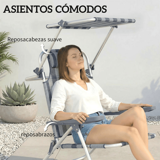 Outsunny Pack de 2 Cadeiras de Praia Dobráveis com Toldo Ajustável, Encosto Reclinável em 6 Posições e Apoio de Cabeça, Cadeiras Baixas Portáteis com Braços, Suporta 120kg, Azul e Branco