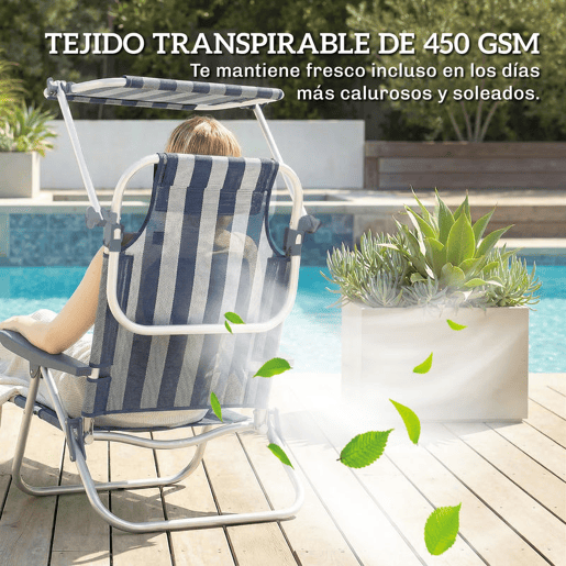 Outsunny Pack de 2 Cadeiras de Praia Dobráveis com Toldo Ajustável, Encosto Reclinável em 6 Posições e Apoio de Cabeça, Cadeiras Baixas Portáteis com Braços, Suporta 120kg, Azul e Branco