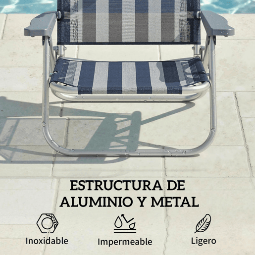 Outsunny Pack de 2 Cadeiras de Praia Dobráveis com Toldo Ajustável, Encosto Reclinável em 6 Posições e Apoio de Cabeça, Cadeiras Baixas Portáteis com Braços, Suporta 120kg, Azul e Branco