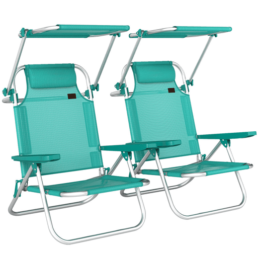 Outsunny Pack de 2 Cadeiras de Praia Dobráveis com Toldo Ajustável, Encosto Reclinável em 6 Posições e Apoio de Cabeça, Cadeiras Baixas Portáteis com Braços Suporta 120 kg para Campismo Jardim Turquesa