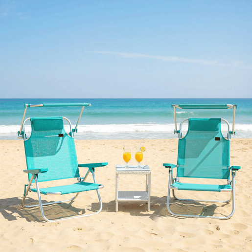 Outsunny Pack de 2 Cadeiras de Praia Dobráveis com Toldo Ajustável, Encosto Reclinável em 6 Posições e Apoio de Cabeça, Cadeiras Baixas Portáteis com Braços Suporta 120 kg para Campismo Jardim Turquesa
