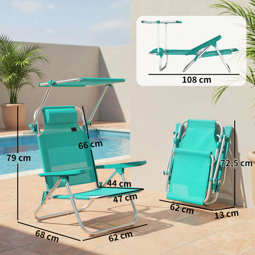 Outsunny Pack de 2 Cadeiras de Praia Dobráveis com Toldo Ajustável, Encosto Reclinável em 6 Posições e Apoio de Cabeça, Cadeiras Baixas Portáteis com Braços Suporta 120 kg para Campismo Jardim Turquesa