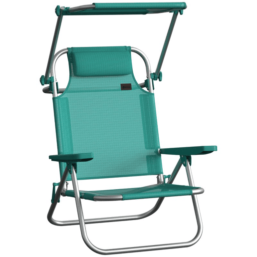 Outsunny Pack de 2 Cadeiras de Praia Dobráveis com Toldo Ajustável, Encosto Reclinável em 6 Posições e Apoio de Cabeça, Cadeiras Baixas Portáteis com Braços Suporta 120 kg para Campismo Jardim Turquesa