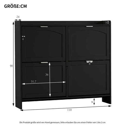 Sapateira moderna 110x90x24 cm - 4 compartimentos, prateleira livre, prateleiras abertas - Preto
