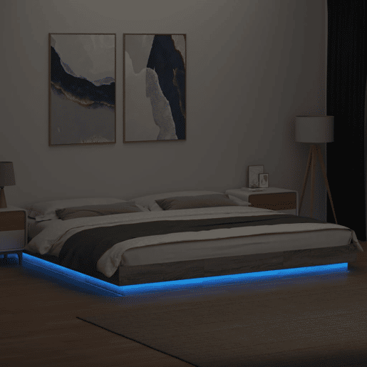 Estrutura de Cama de casal moderno c luzes LED derivados madeira cinza sonoma