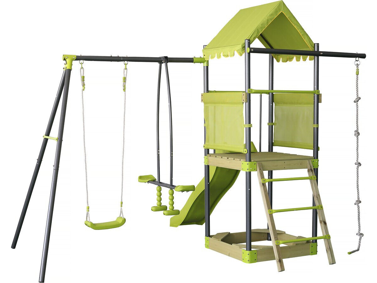 Parque infantil metálico con tobogán y arenero <> - verde