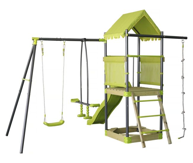 Parque infantil metálico con tobogán y arenero <> - verde
