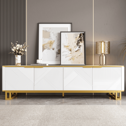 Móvel de TV 160x37,5 cm - 4 portas, textura geométrica, design exclusivo - Branco