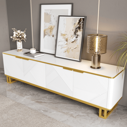 Móvel de TV 160x37,5 cm - 4 portas, textura geométrica, design exclusivo - Branco