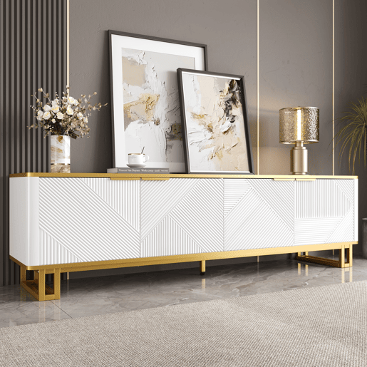 Móvel de TV 160x37,5 cm - 4 portas, textura geométrica, design exclusivo - Branco